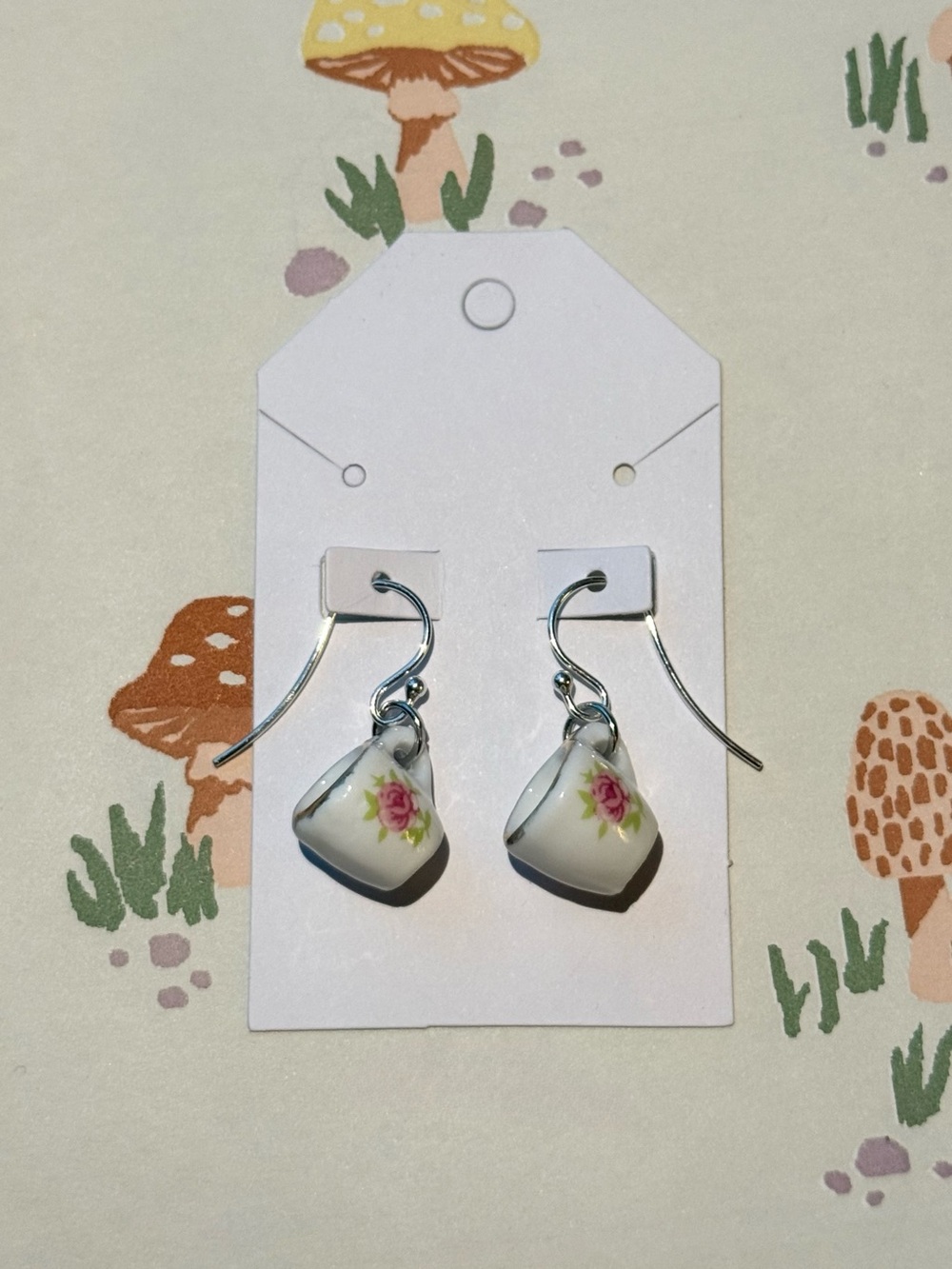Porcelain Teacup Drop Earrings with Pink Rose Accent